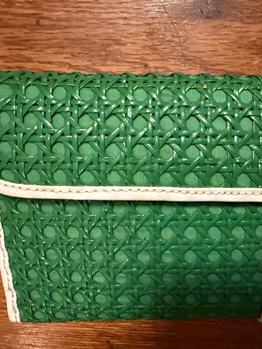 Kate Spade Green Woven Clutch with Cream Trim and Turn Lock